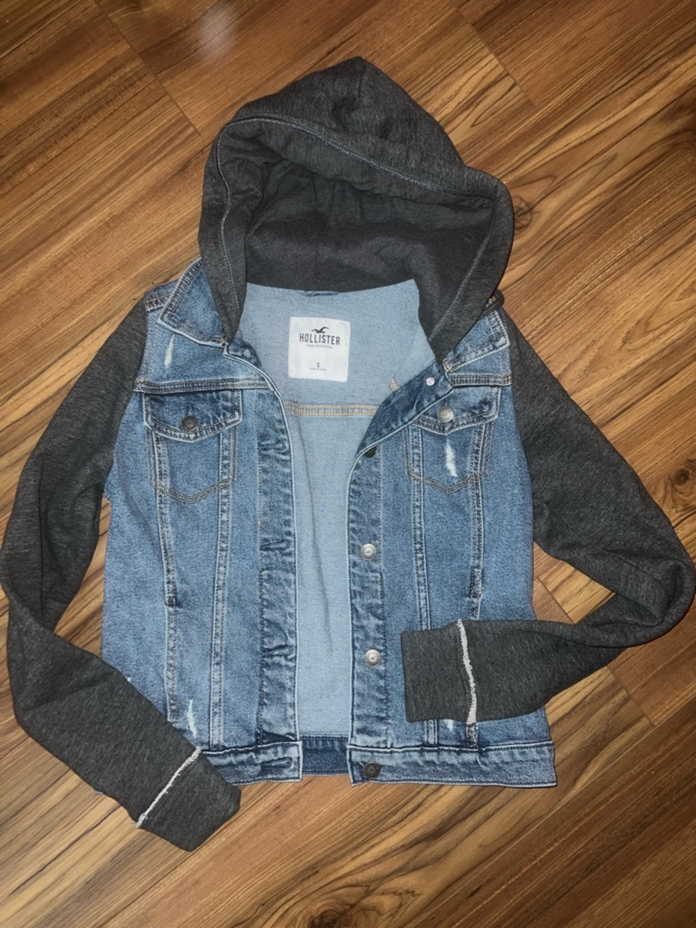 Hollister Blue Denim Jacket with Charcoal Hoodie Sleeves